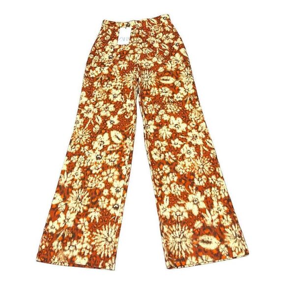 Zara Pants Womens XS Orange Flare Printed Burnt Festival Yellow Bright Fall - Picture 2 of 12